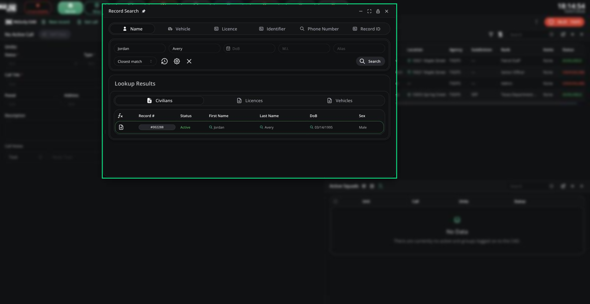 The Record Search window on the Name tab with civilian results
