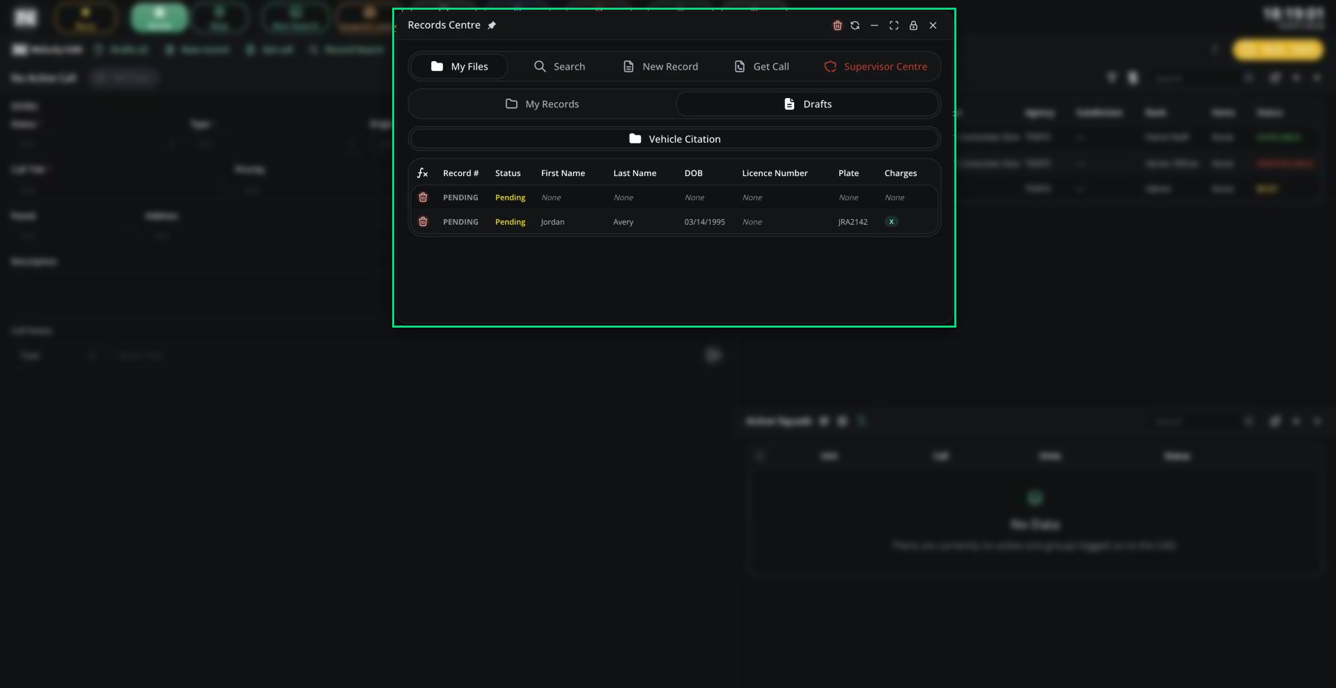The Records Centre window on the My Files tab, showing two Vehicle Citation drafts