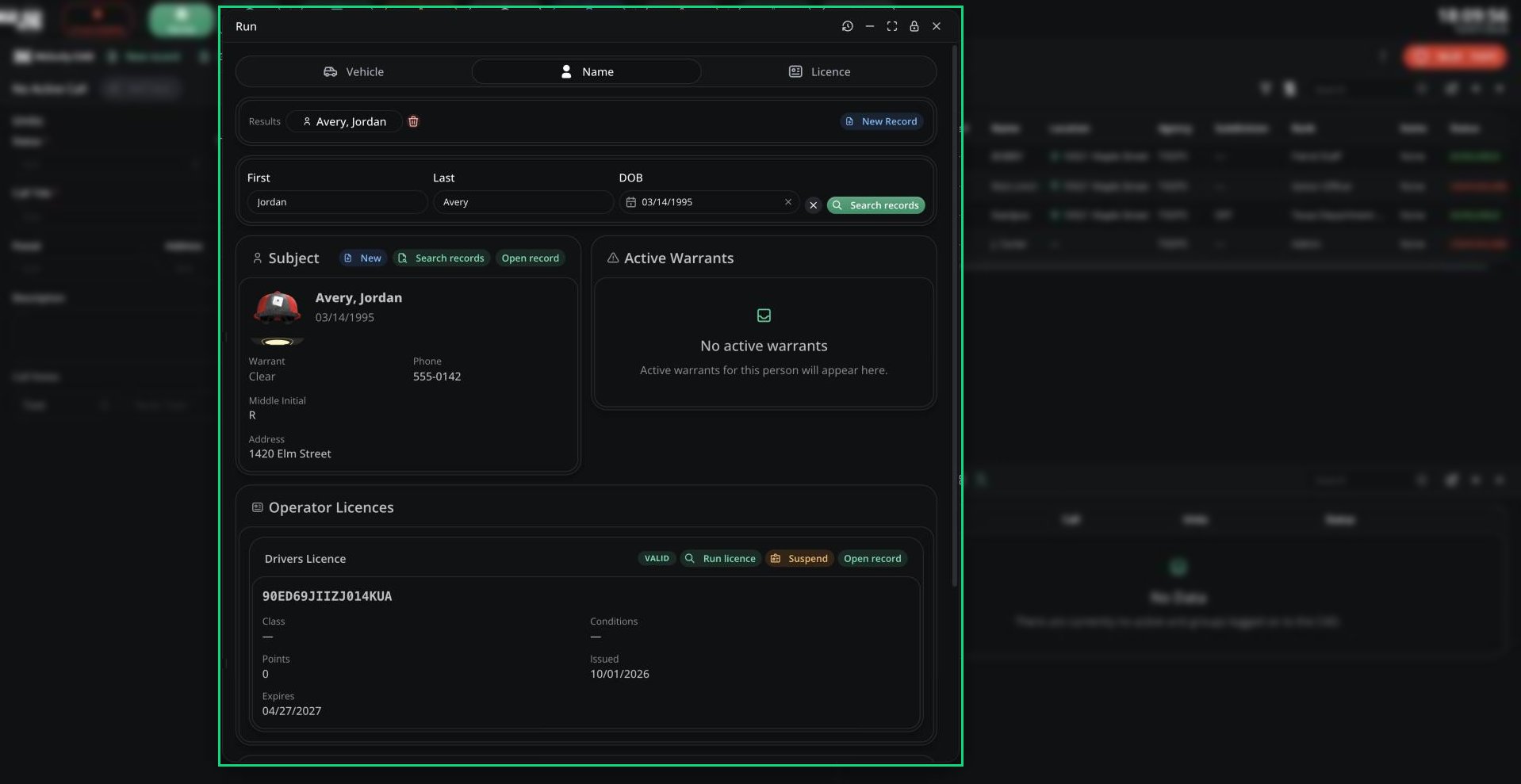 The Run window on the Name tab showing Subject, Active Warrants and Operator Licences