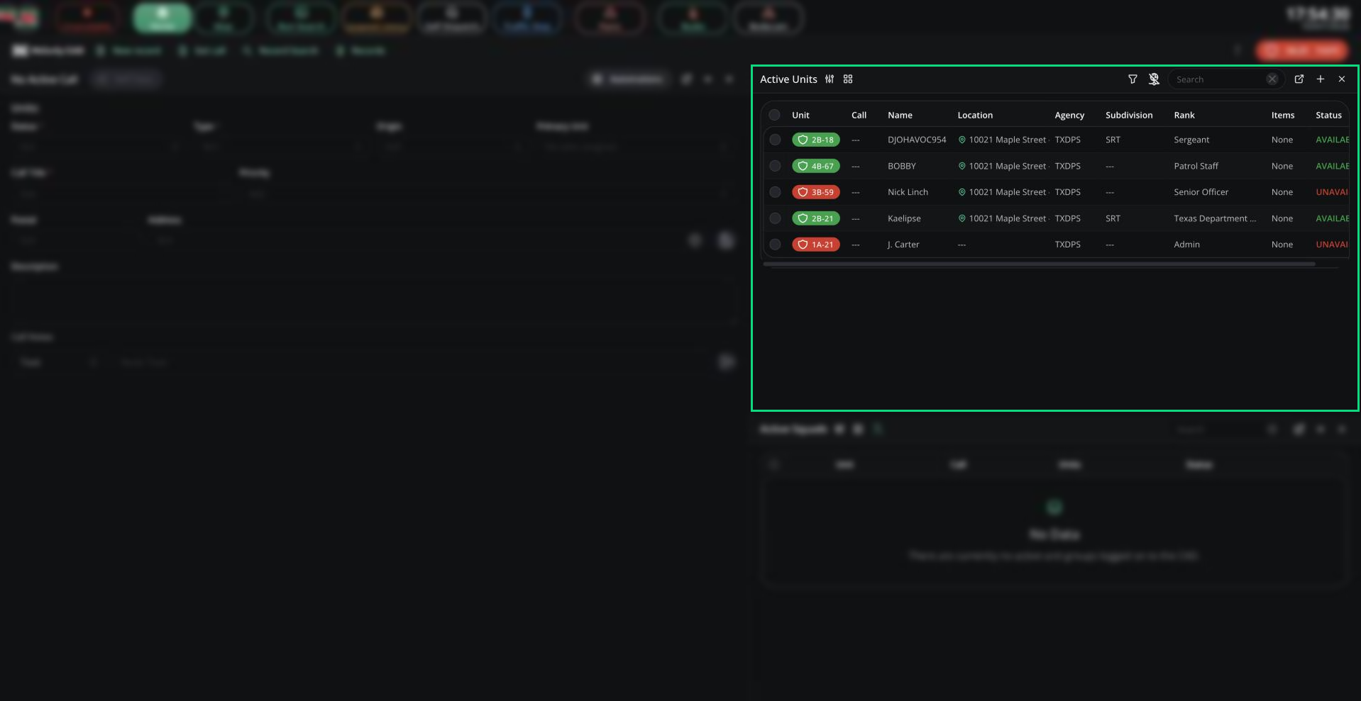 The Active Units pane listing five units with their callsign, name, location, agency, rank and status