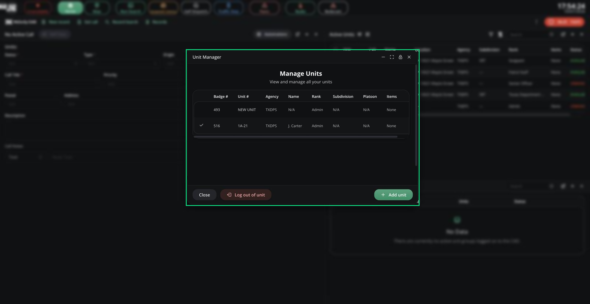The Unit Manager window listing two units, with the active unit ticked