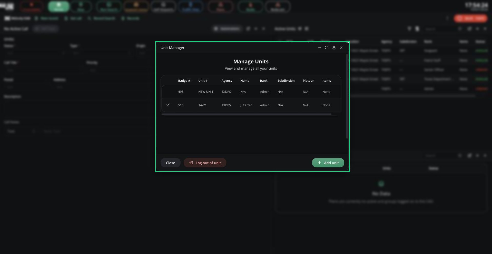 The Unit Manager window listing two units, with the active unit ticked