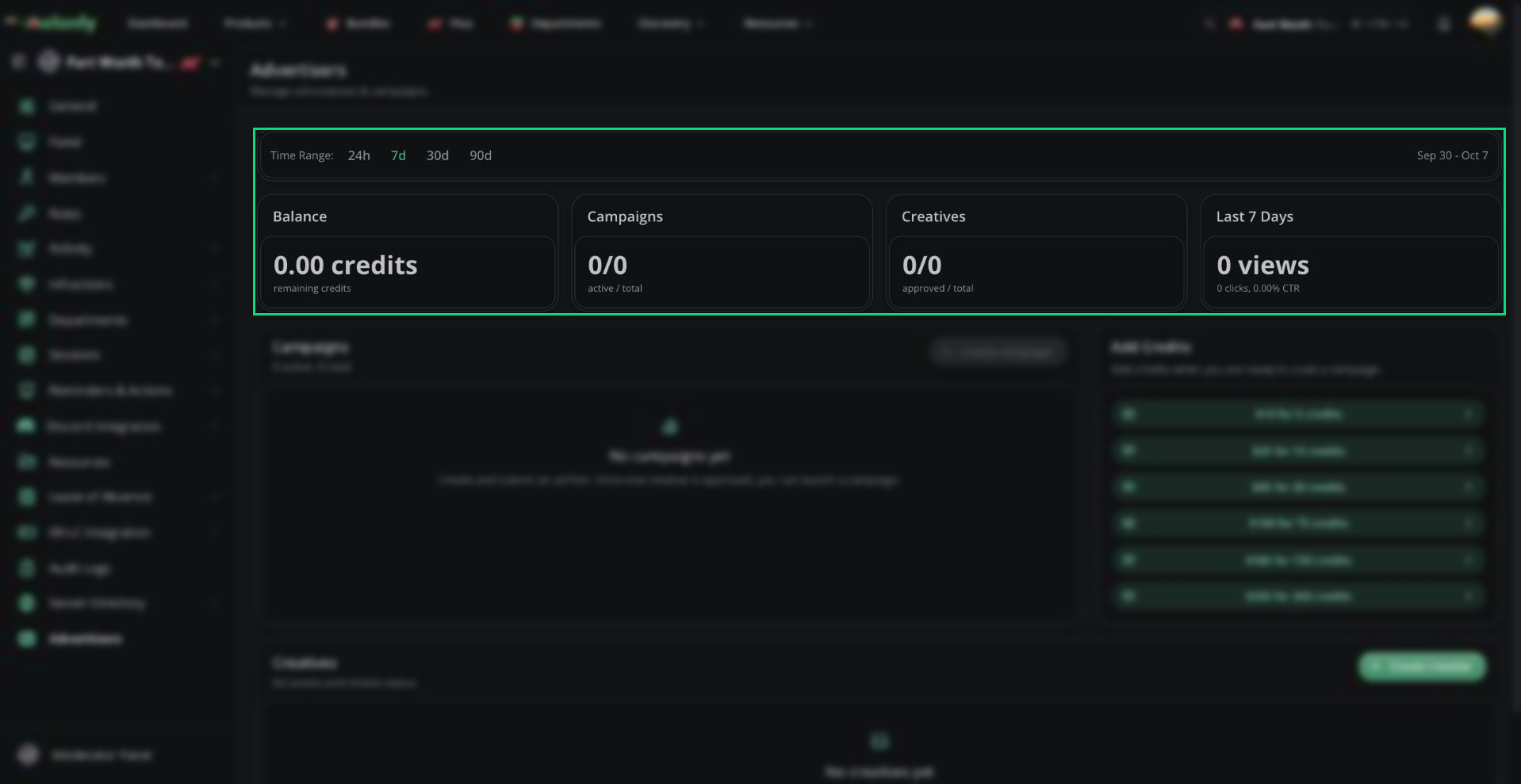 The time range picker and the Balance, Campaigns, Creatives, and views cards