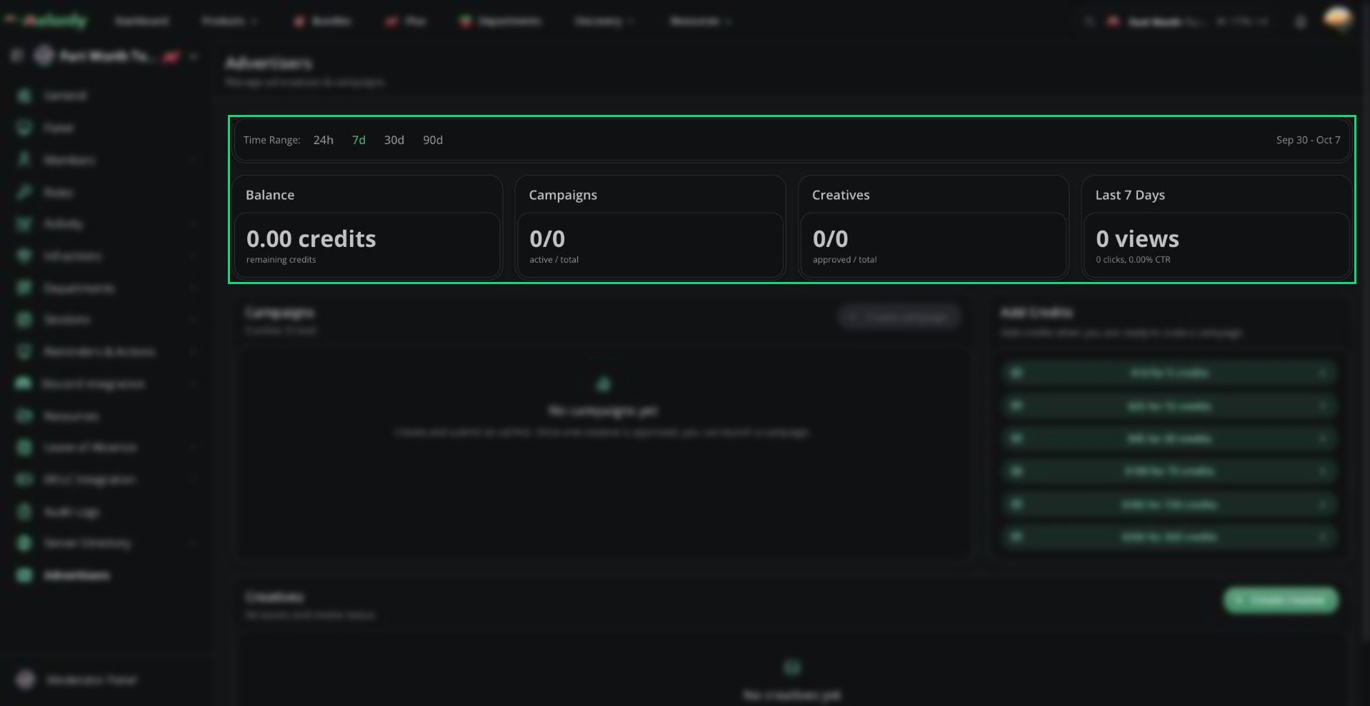 The time range picker and the Balance, Campaigns, Creatives, and views cards