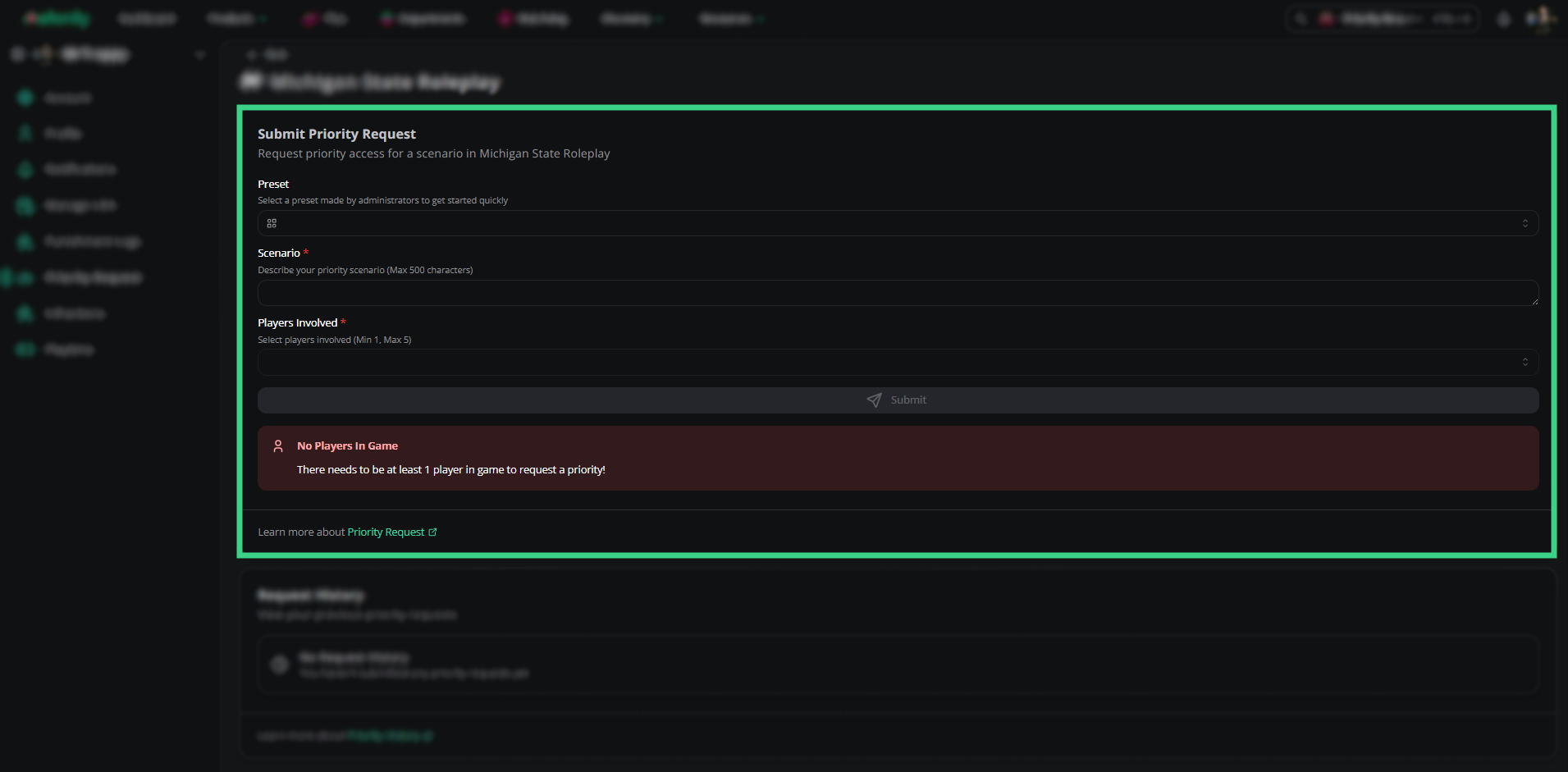 The Submit Priority Request form with Preset, Scenario and Players Involved