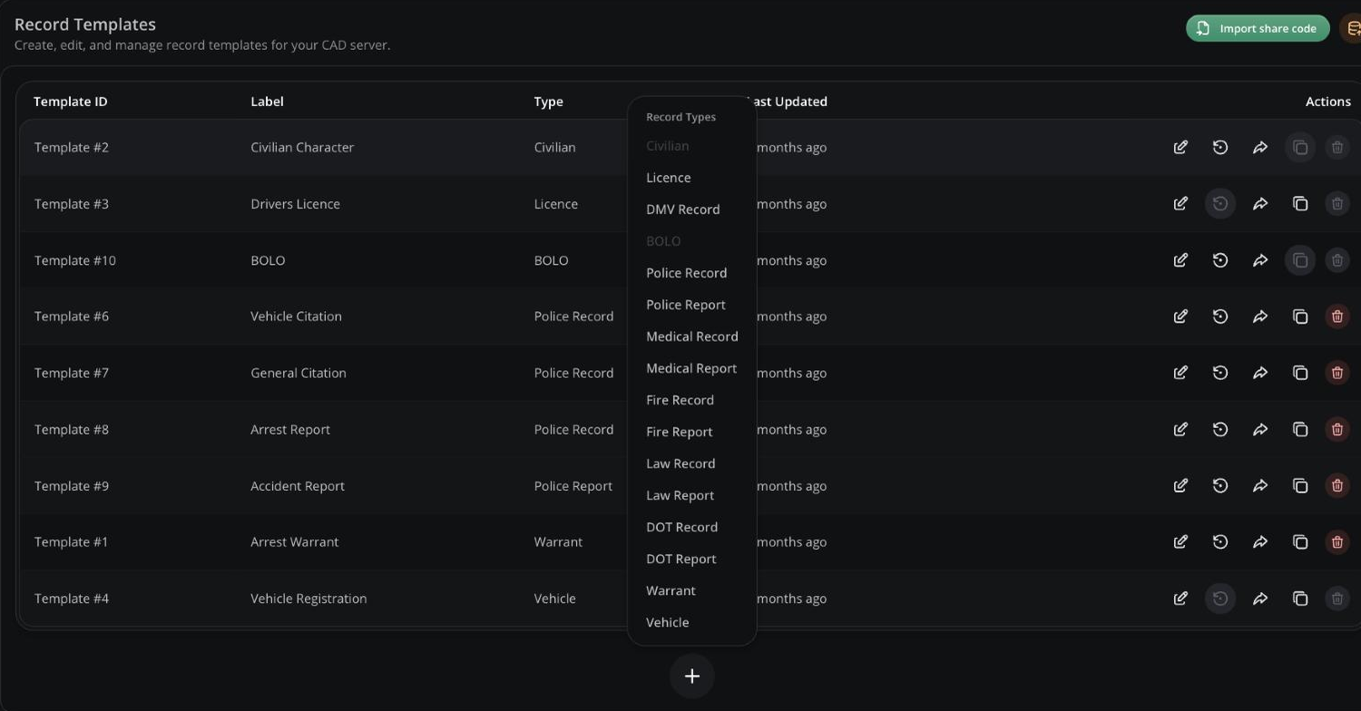 Record type picker opened from the + button at the bottom of the Templates list