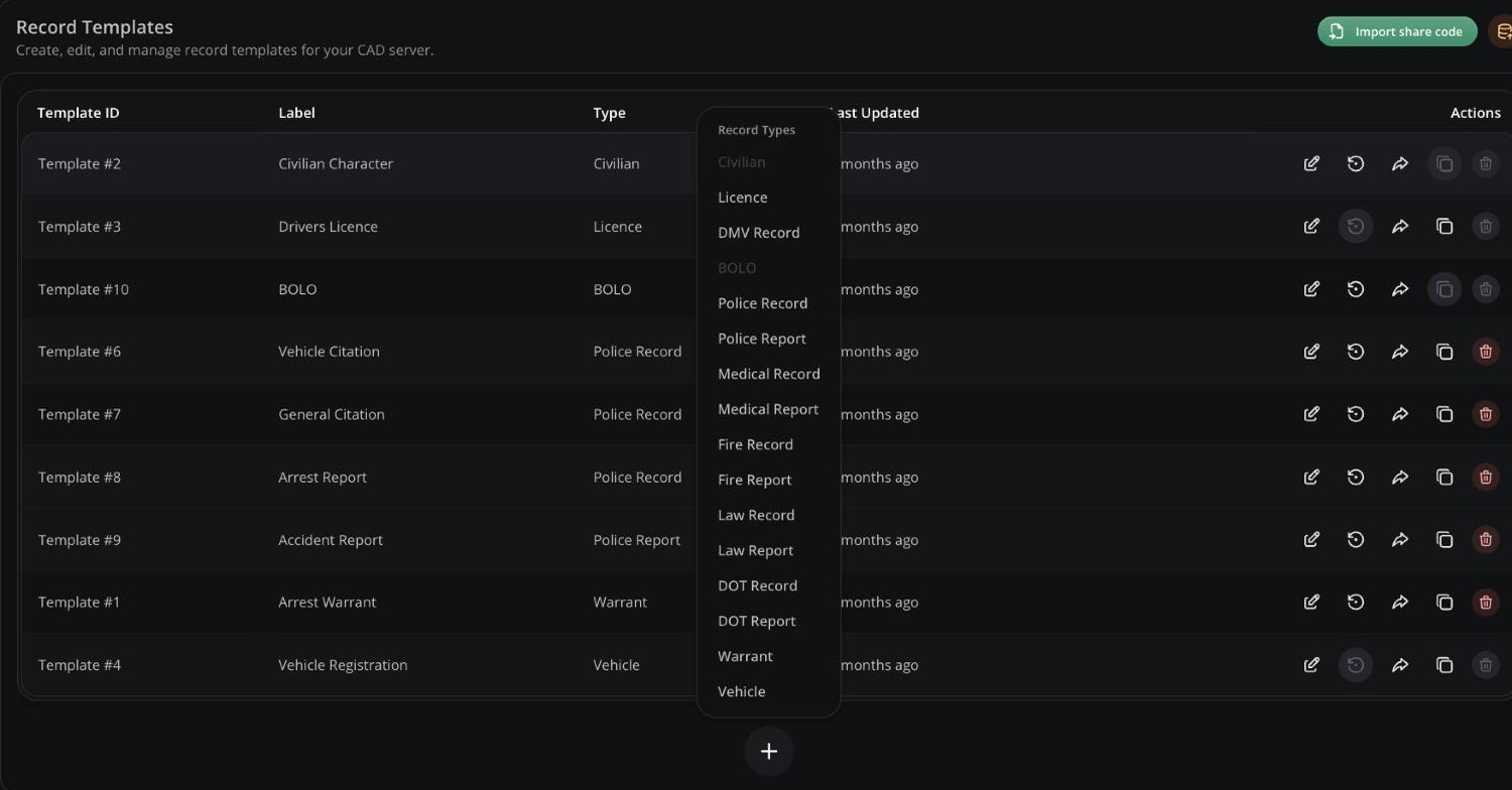 Record type picker opened from the + button at the bottom of the Templates list