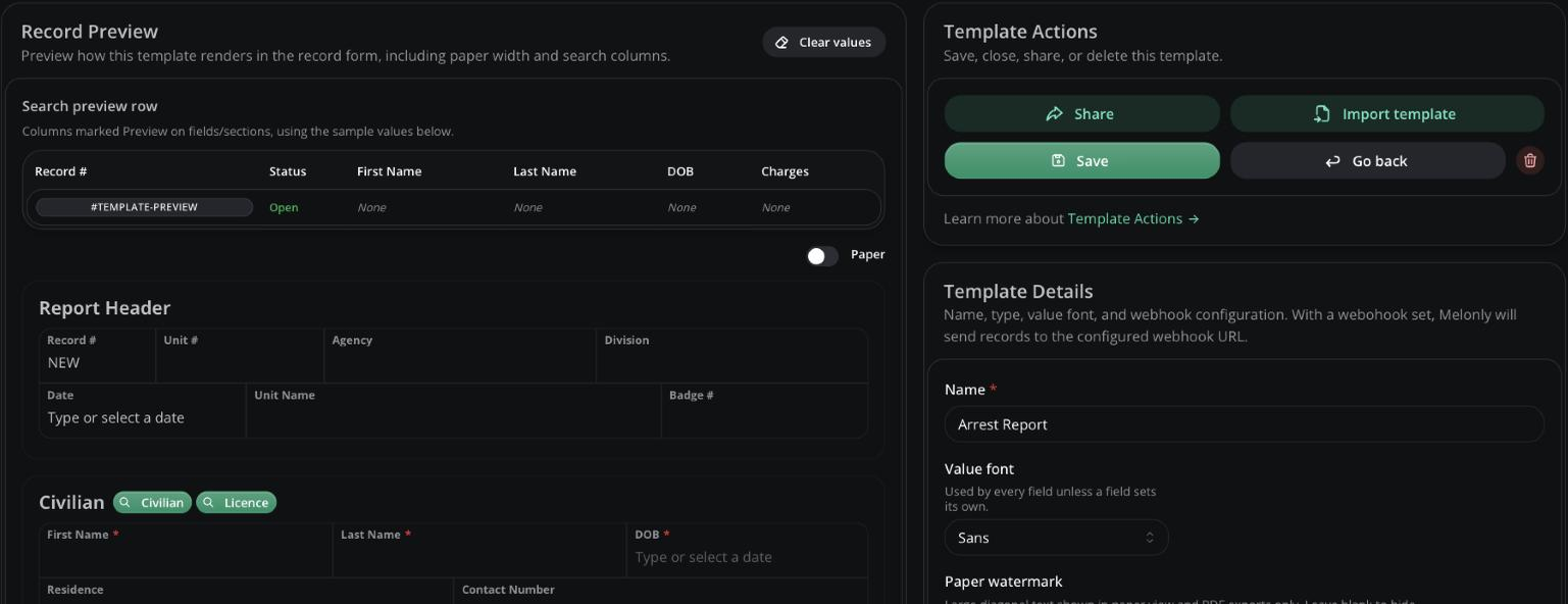 Template editor for an Arrest Report with the Record Preview on the left and the Template Actions and Template Details cards on the right