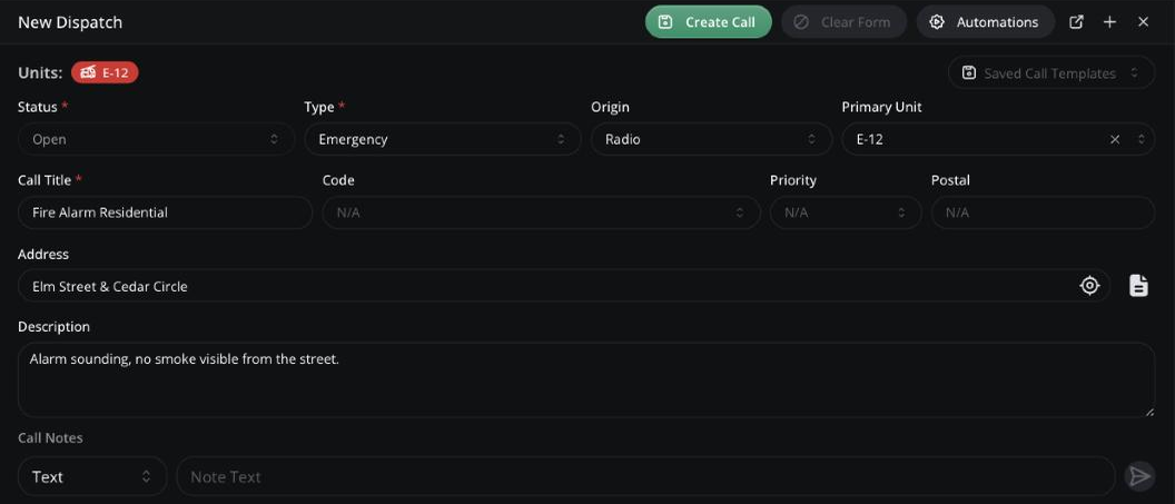 The call card in self dispatch mode with editable fields and the Create Call button
