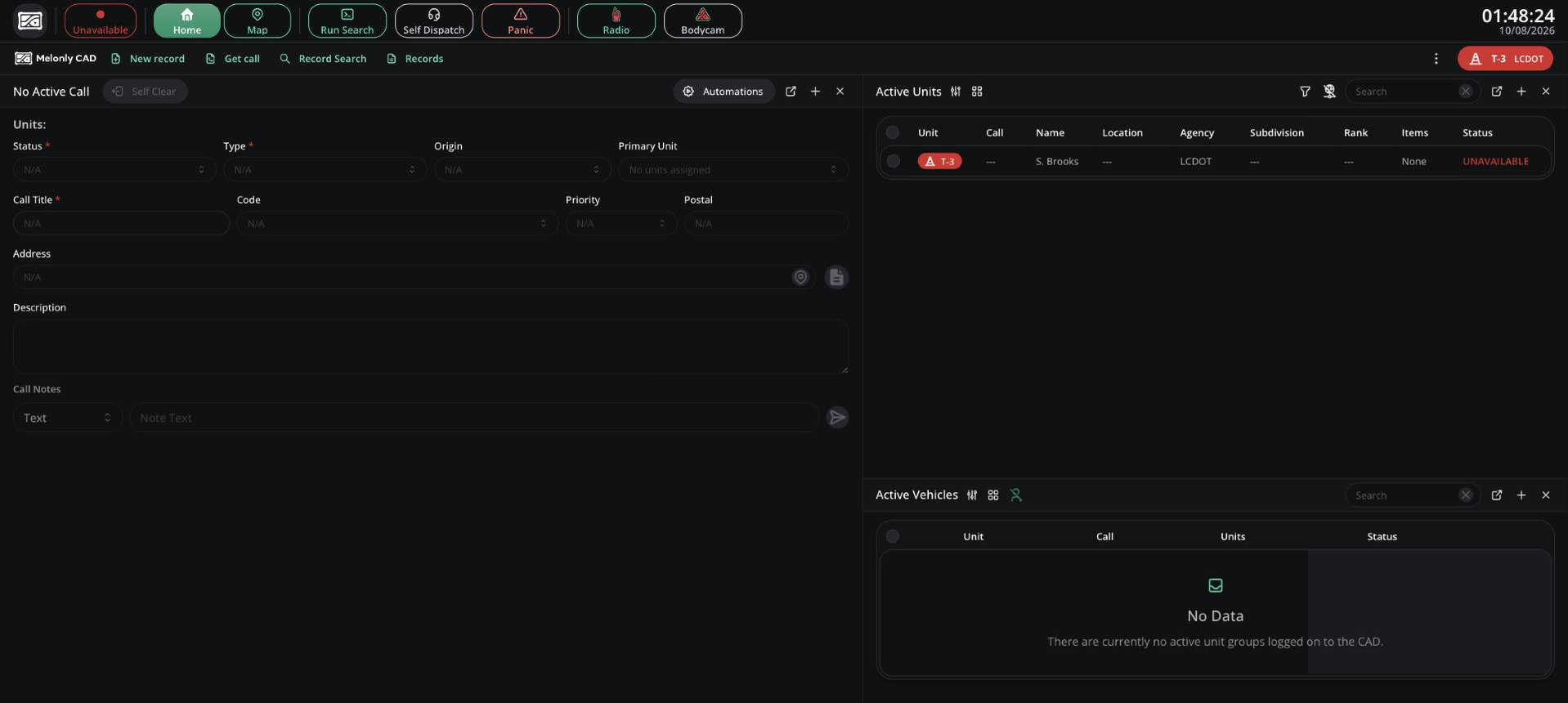 DOT panel Home tab with the call form on the left and Active Units and Active Vehicles on the right
