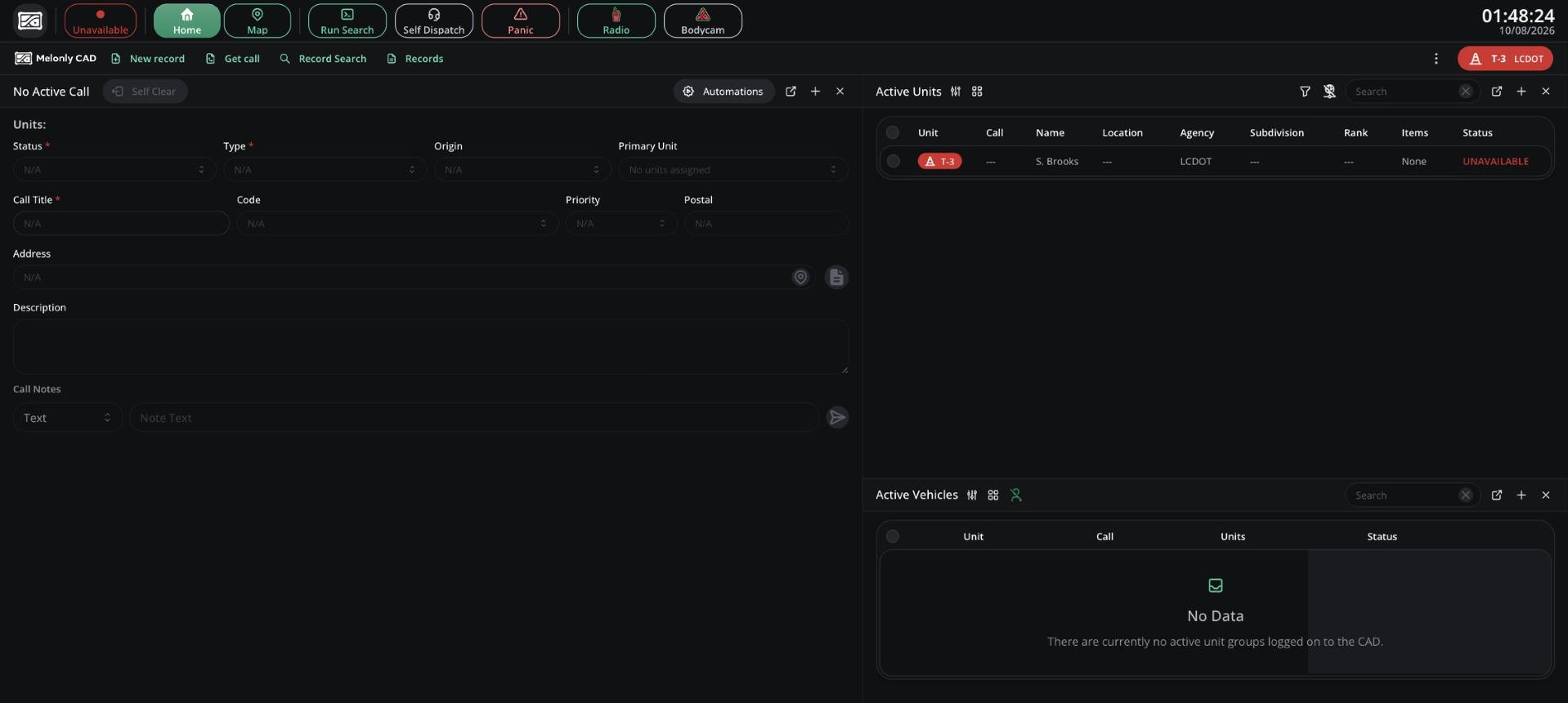 DOT panel Home tab with the call form on the left and Active Units and Active Vehicles on the right