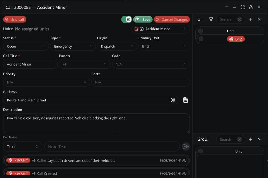 Call Editor window with the call fields filled in, call notes and the Units and Groups lists beside it
