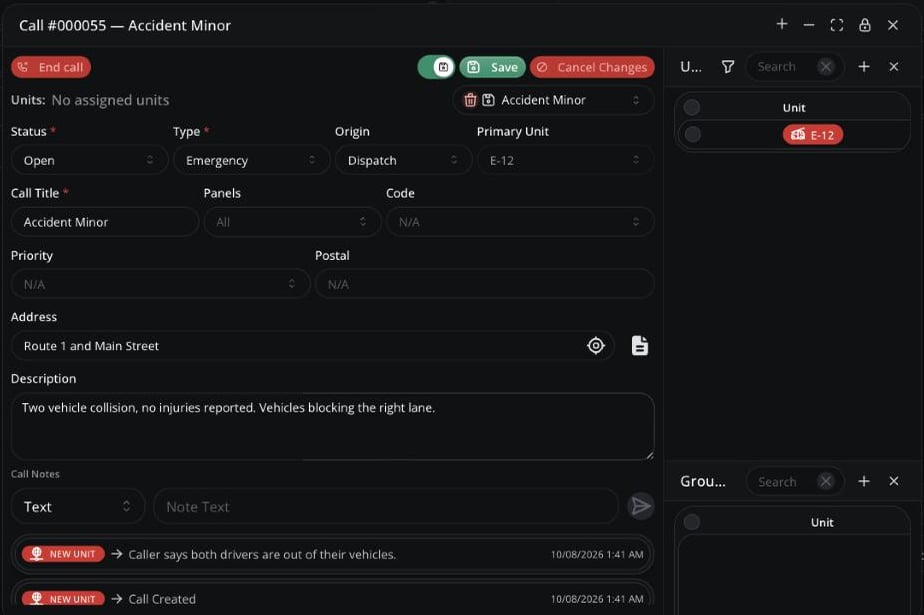 Call Editor window with the call fields filled in, call notes and the Units and Groups lists beside it