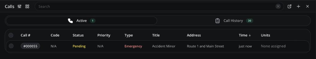 Calls board in table view showing Active and Call History tabs and a pending call