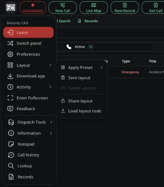 CAD menu Layout submenu open with Apply Preset, Save layout and Share layout