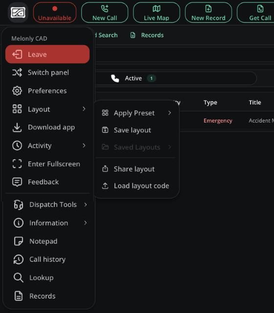 CAD menu Layout submenu open with Apply Preset, Save layout and Share layout