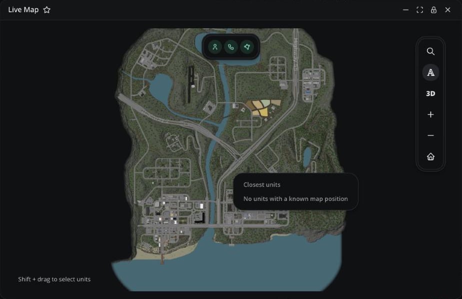 Live Map window with the Closest units menu open