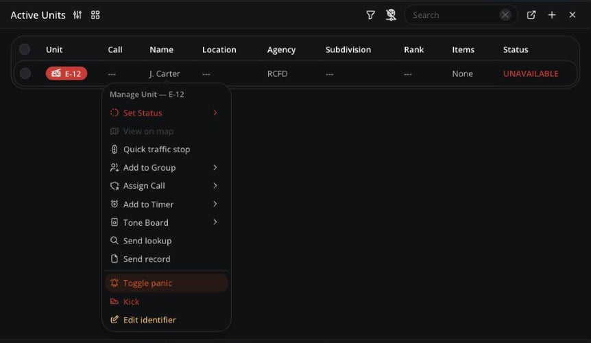 Active Units panel on Dispatch with a unit's right-click menu open