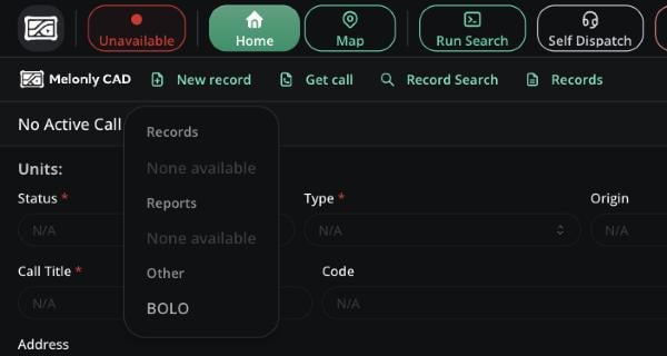 New record menu on the Fire panel showing the Records and Reports sections