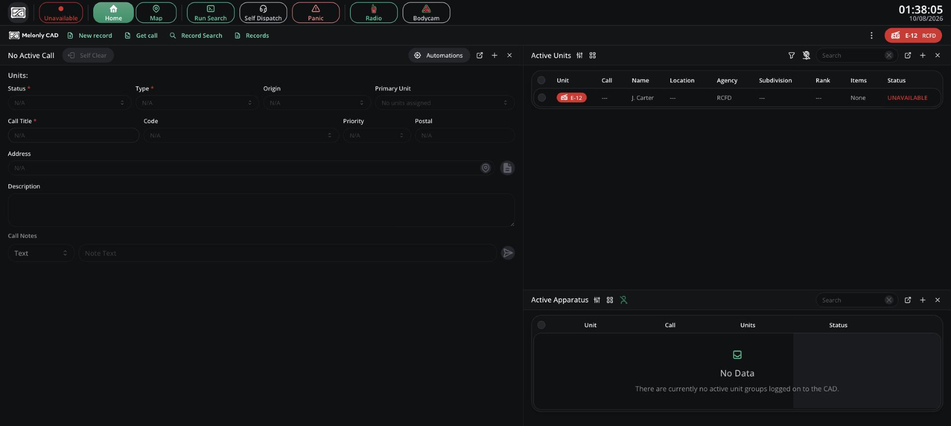 Fire panel Home tab with the call form on the left and Active Units and Active Apparatus on the right