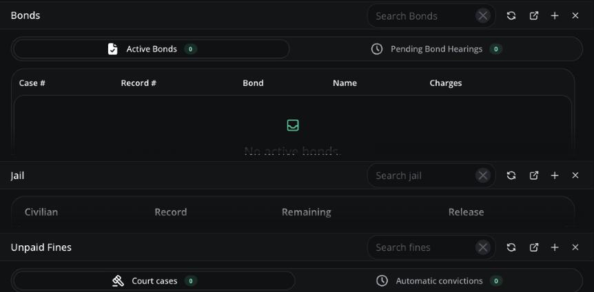 The Bonds, Jail and Unpaid Fines cards on the Law panel