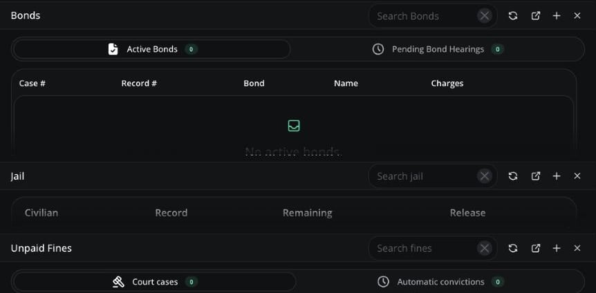 The Bonds, Jail and Unpaid Fines cards on the Law panel