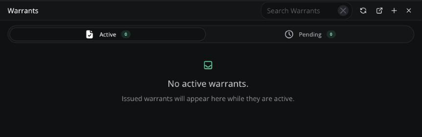 The Warrants card on the Law panel with its Active and Pending tabs