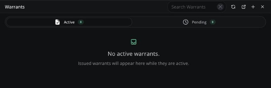 The Warrants card on the Law panel with its Active and Pending tabs