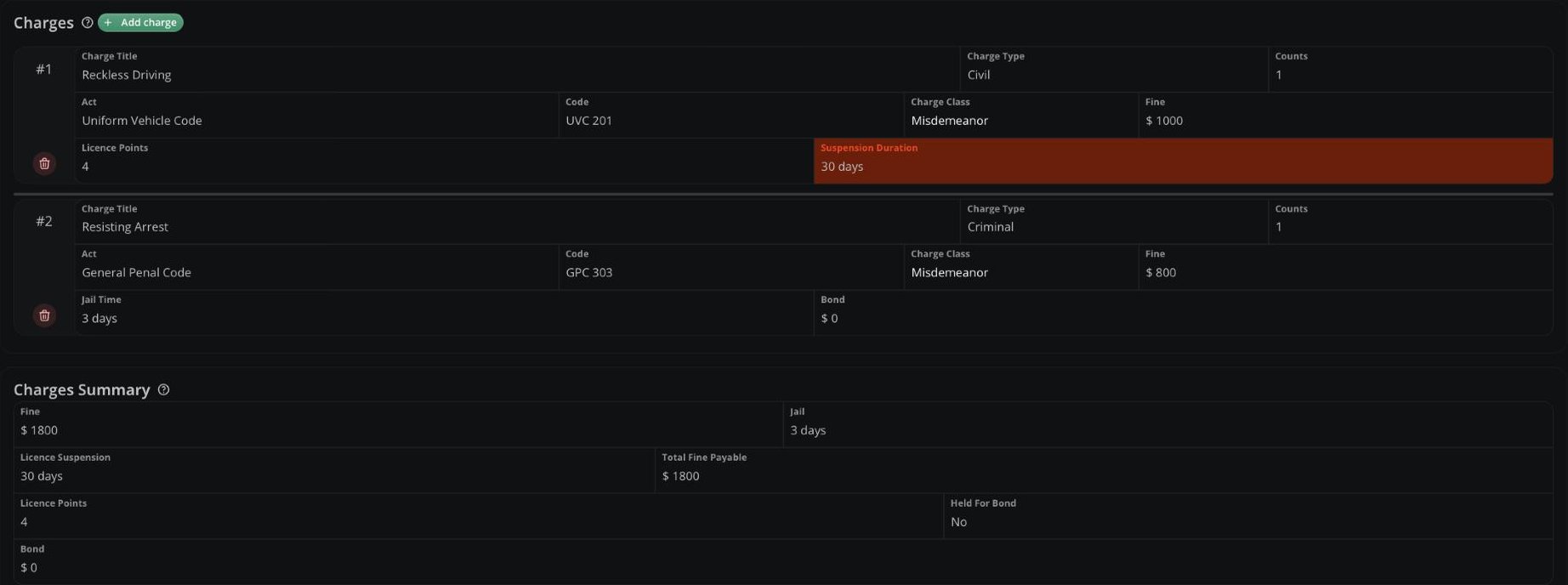 A charges section with two charges added and the Charges Summary below