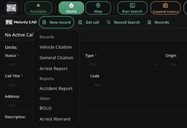 The New record menu in the top bar listing the panel's record and report templates