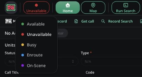 The Status menu open in the top bar listing Available, Unavailable, Busy, Enroute and On-Scene
