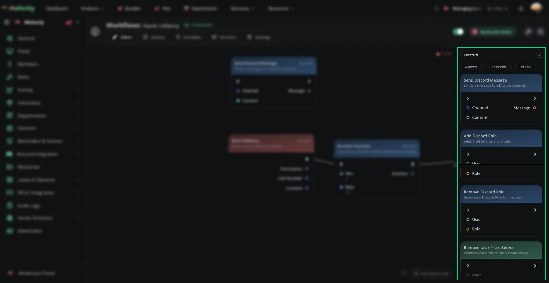 The block library filtered to Discord, showing Send Discord Message, Add Discord Role and Remove Discord Role