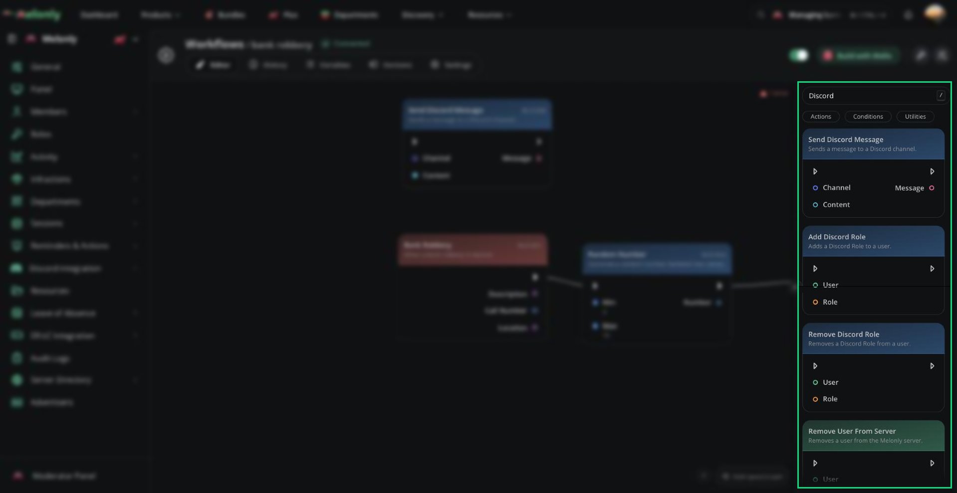 The block library filtered to Discord, showing Send Discord Message, Add Discord Role and Remove Discord Role