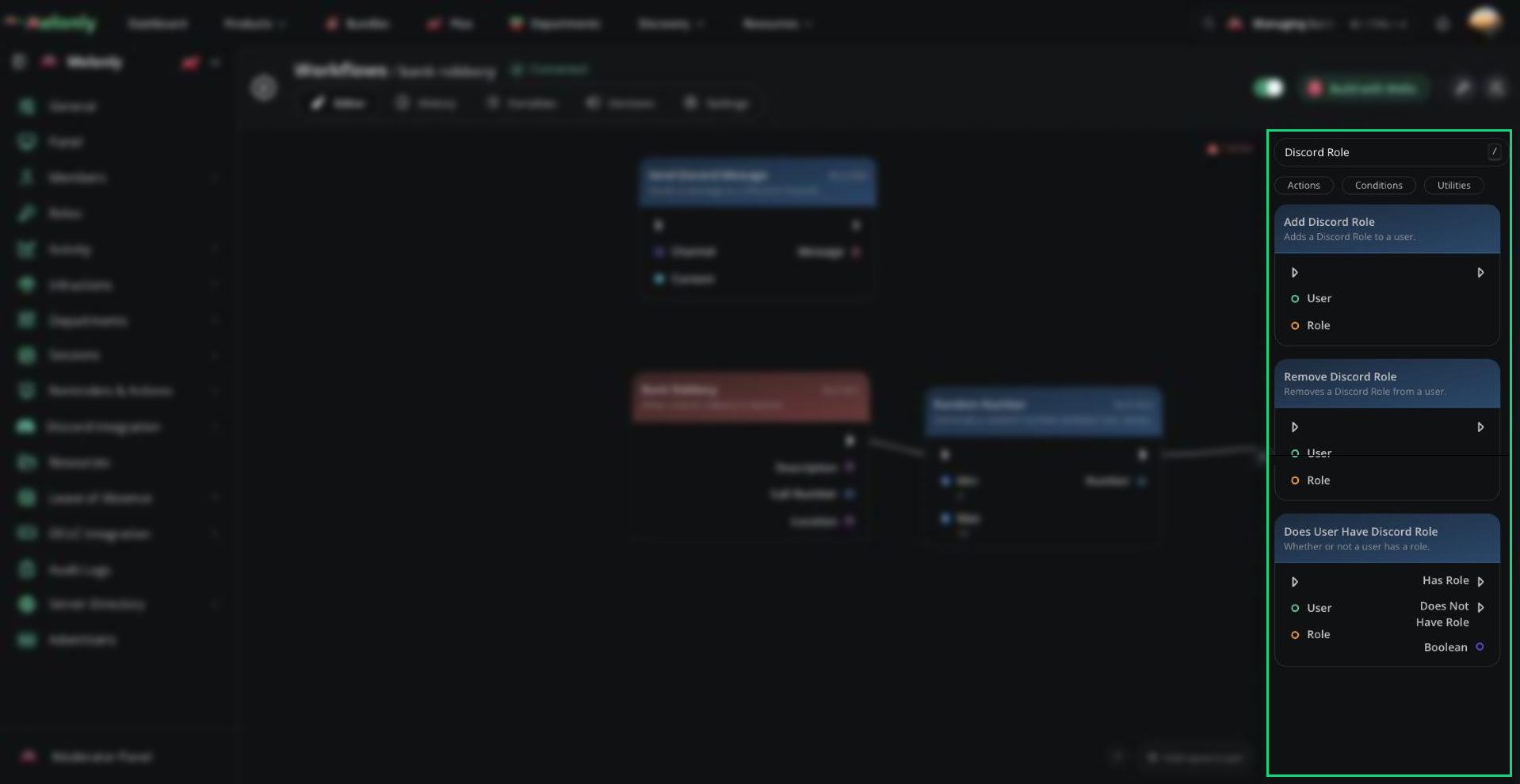 The block library searched for Discord Role, showing Does User Have Discord Role with its Has Role and Does Not Have Role outputs