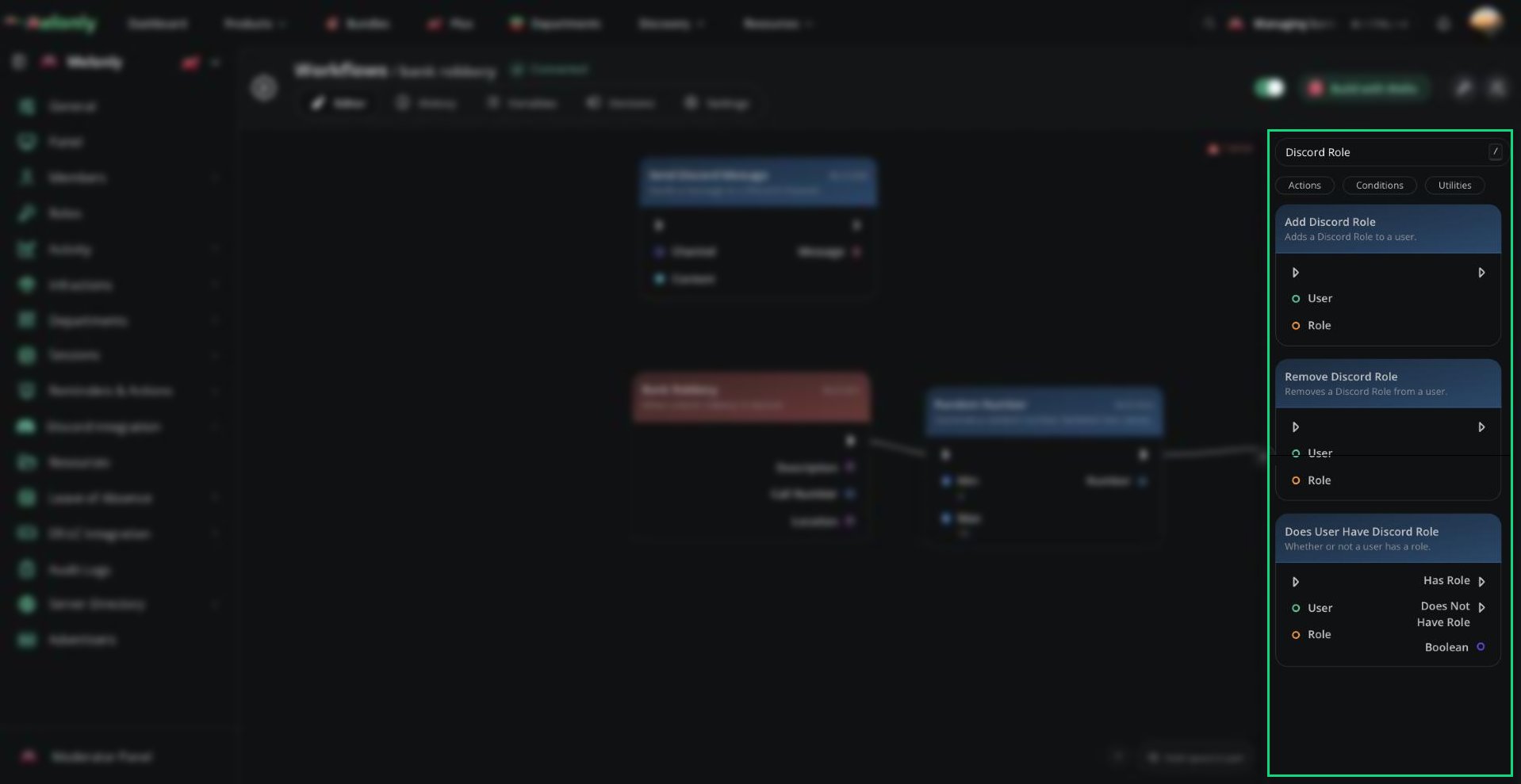 The block library searched for Discord Role, showing Does User Have Discord Role with its Has Role and Does Not Have Role outputs