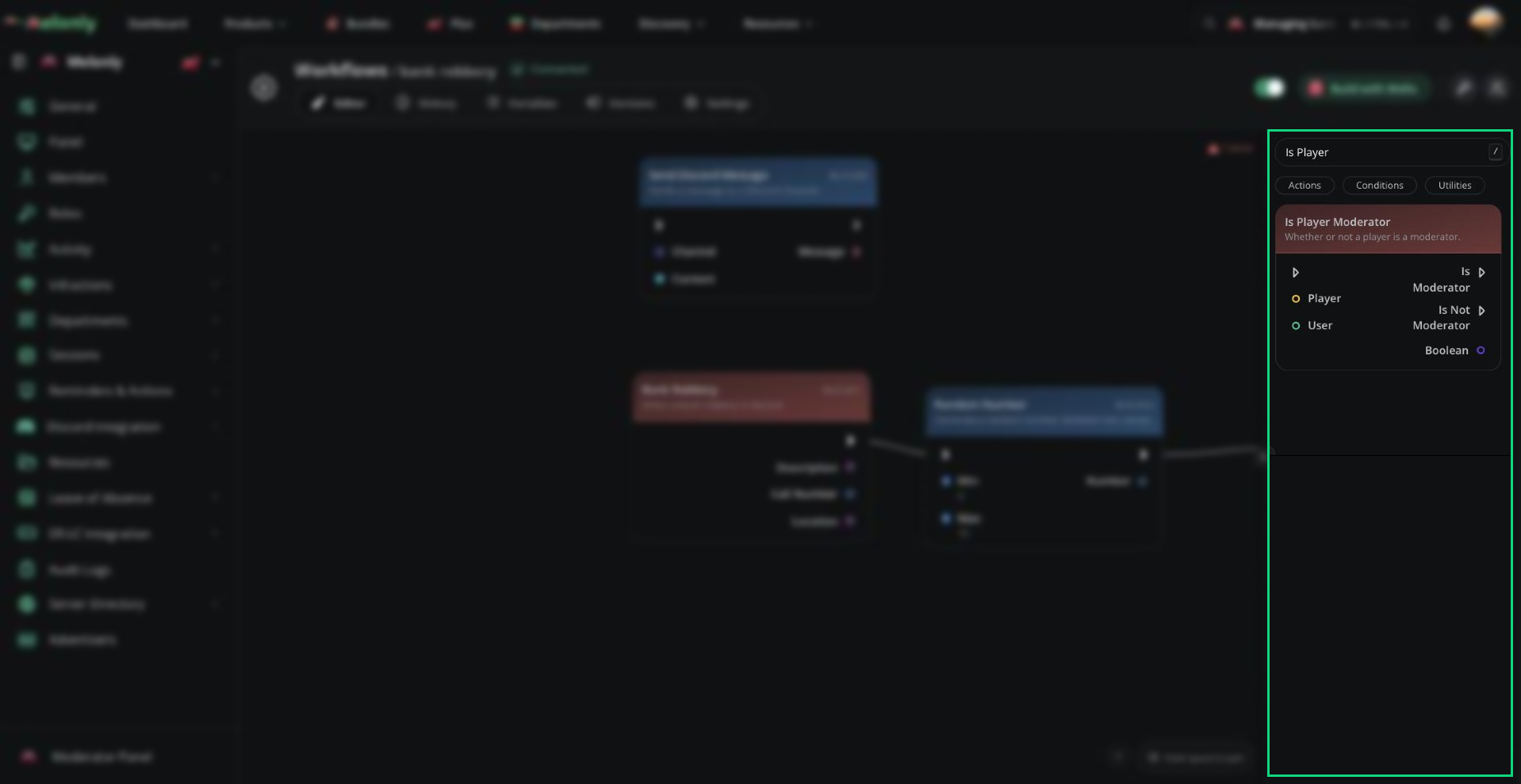 The block library showing Is Player Moderator with its Is Moderator and Is Not Moderator outputs