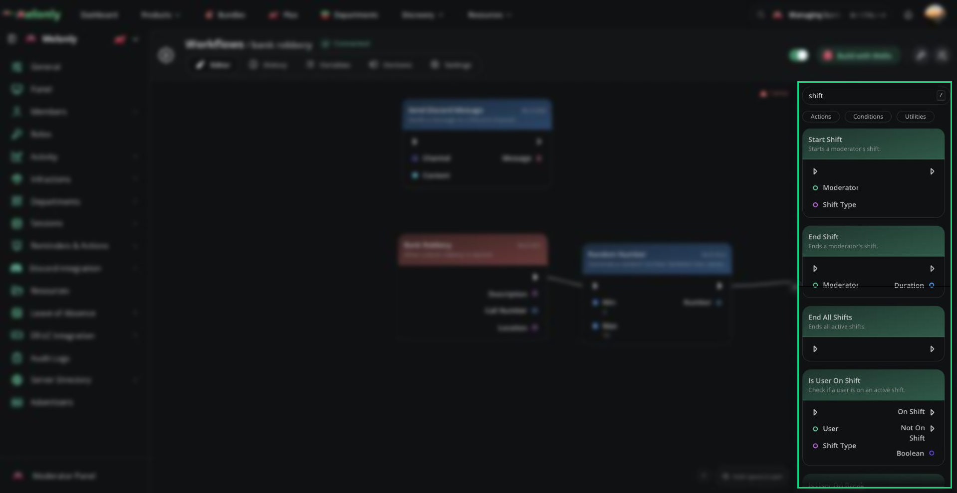 The block library searched for shift, showing Start Shift, End Shift, End All Shifts and Is User On Shift