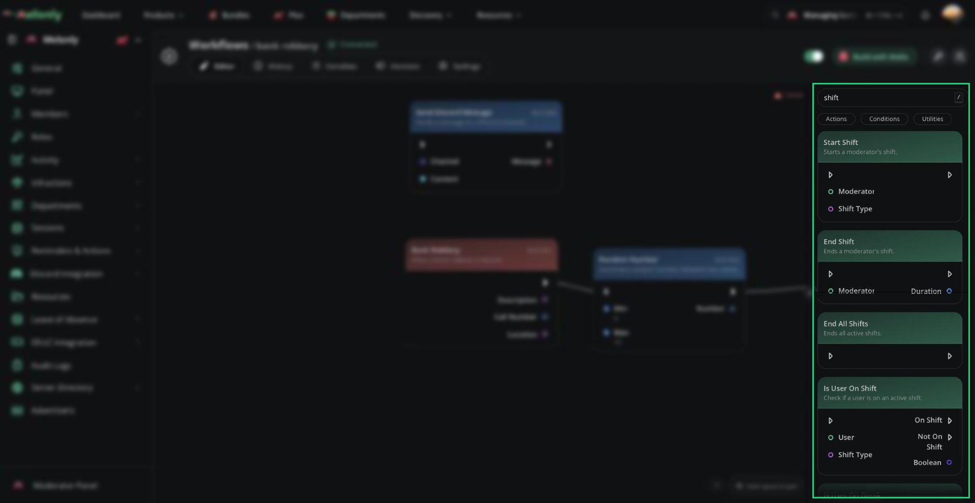 The block library searched for shift, showing Start Shift, End Shift, End All Shifts and Is User On Shift