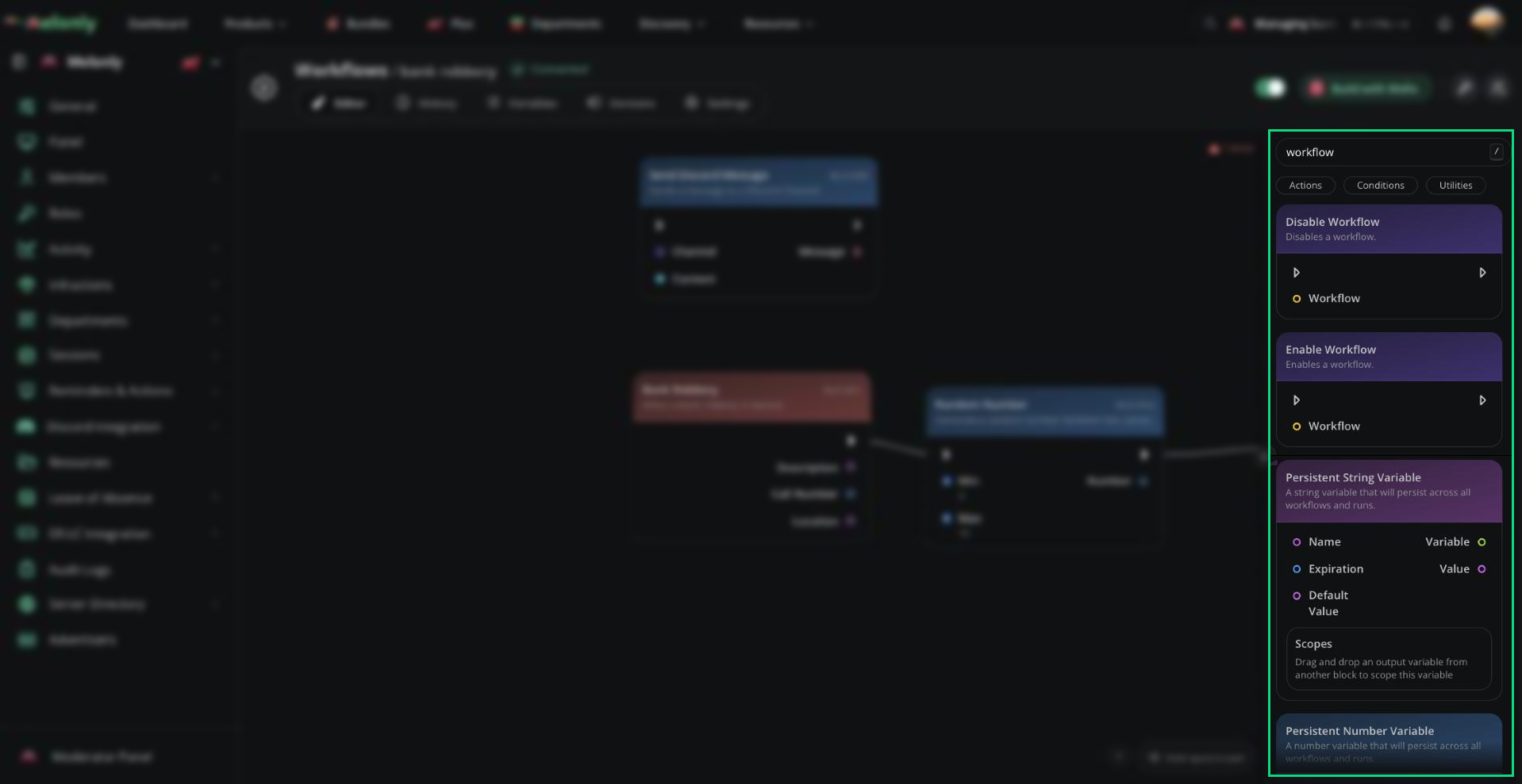 The block library searched for workflow, showing Disable Workflow, Enable Workflow and Persistent String Variable