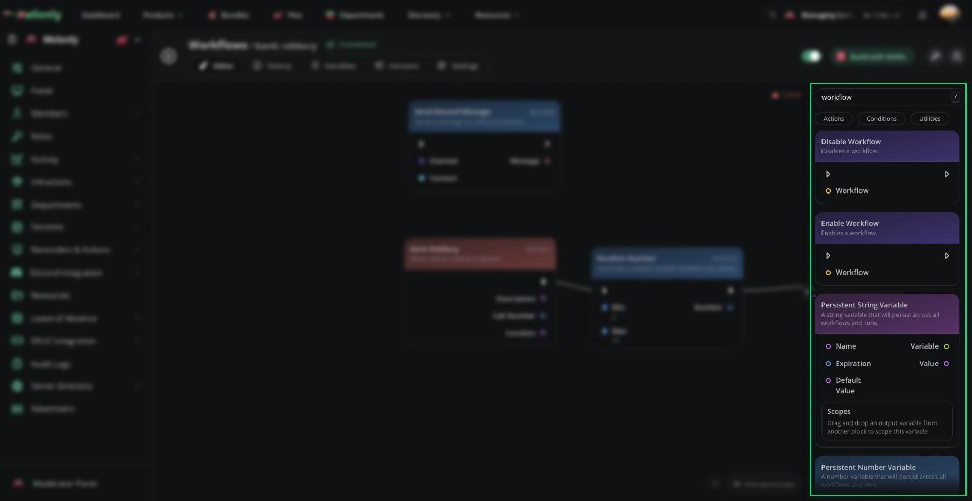 The block library searched for workflow, showing Disable Workflow, Enable Workflow and Persistent String Variable