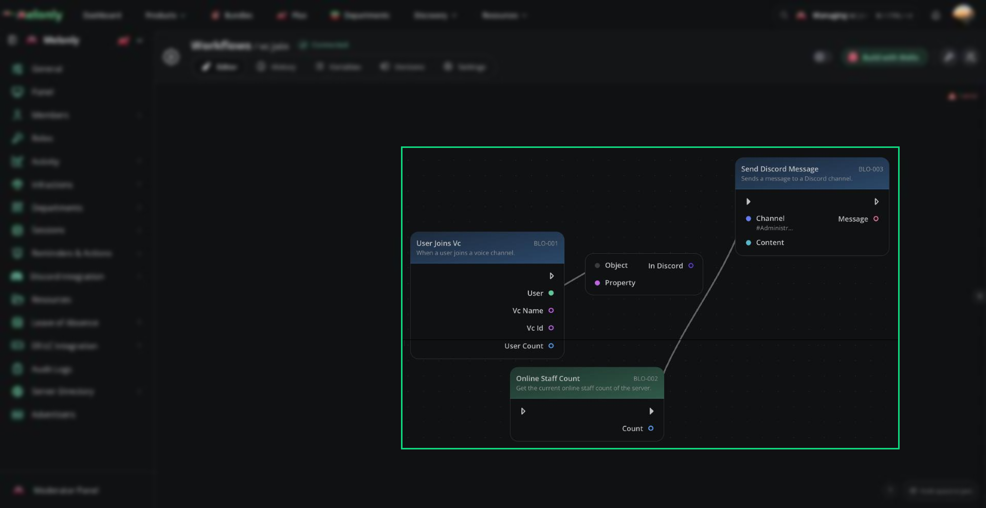A User Joins VC trigger connected to an Online Staff Count block and a Send Discord Message action