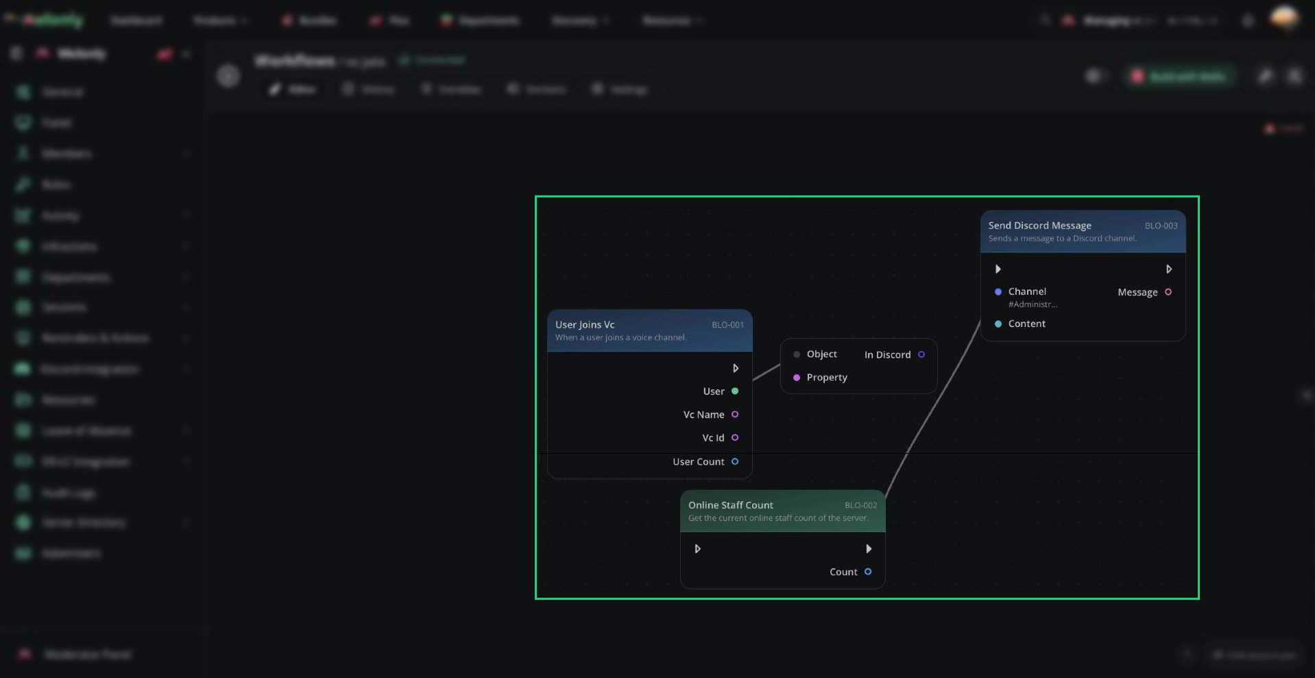 A User Joins VC trigger connected to an Online Staff Count block and a Send Discord Message action
