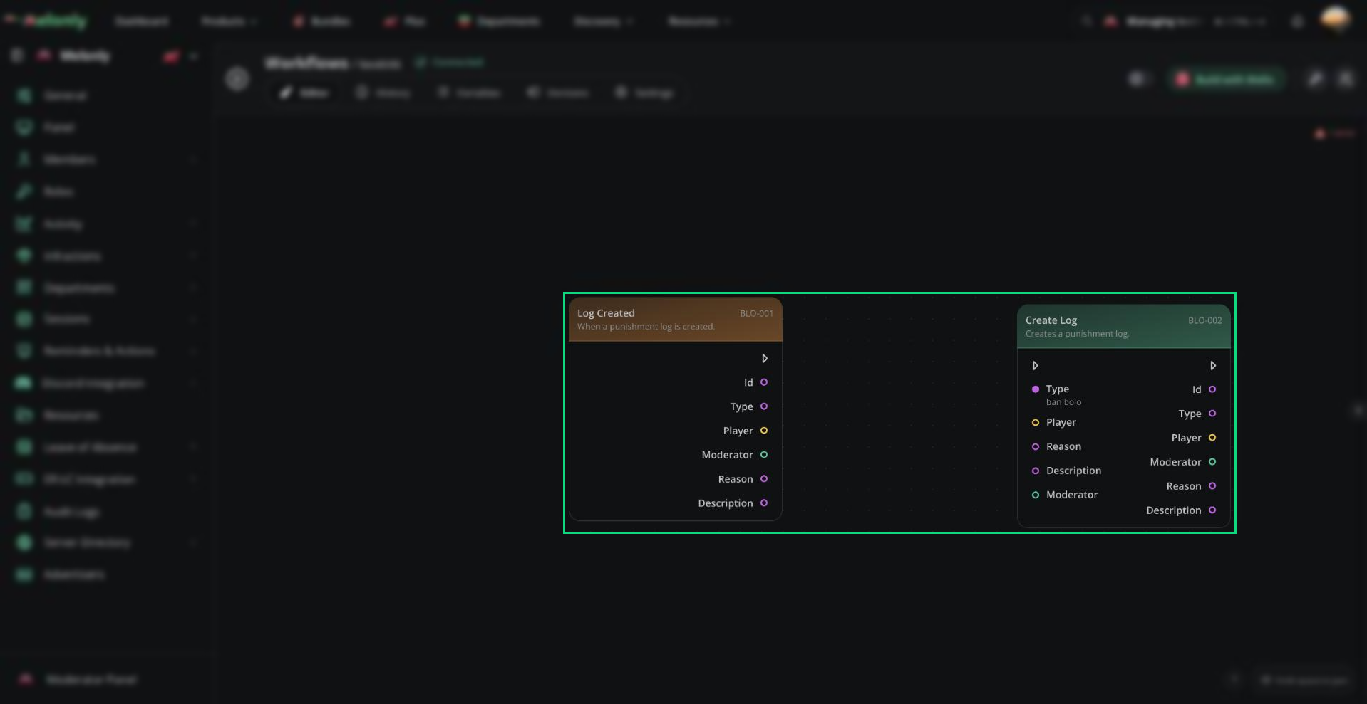 A Log Created trigger next to a Create Log action, showing the log fields each block provides