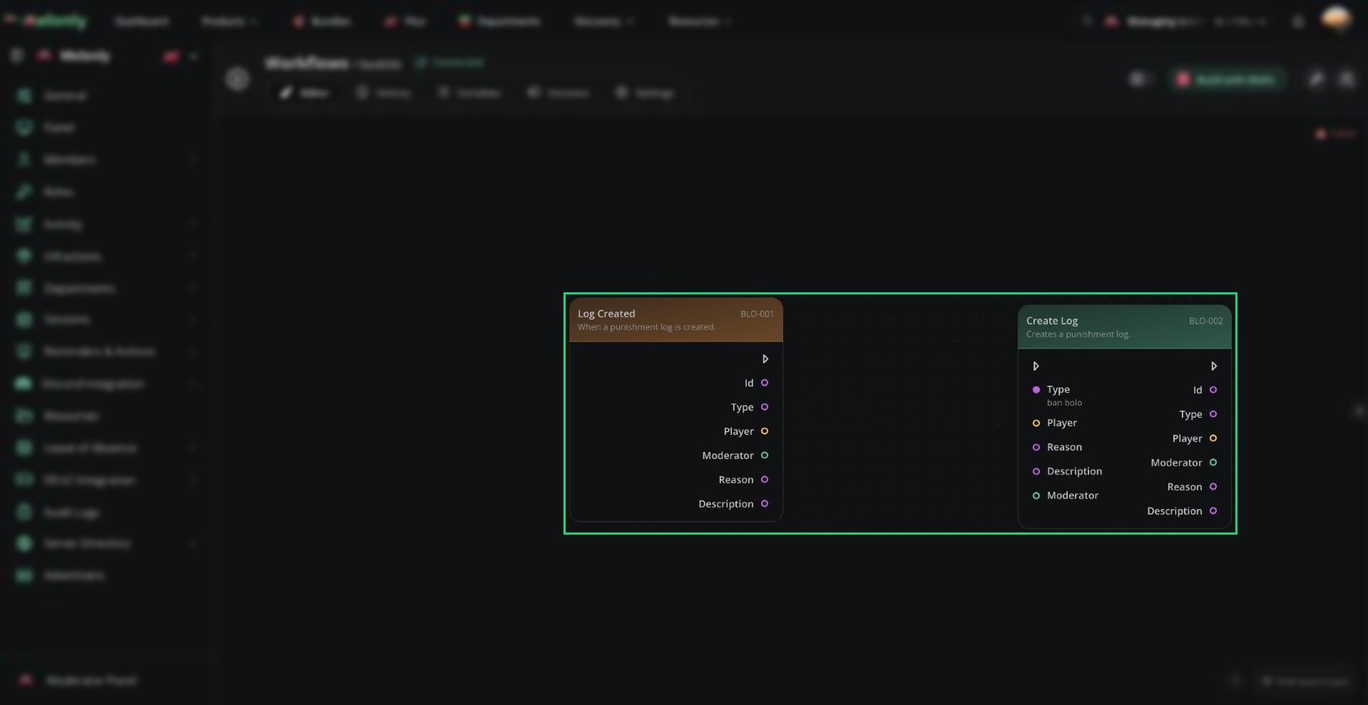 A Log Created trigger next to a Create Log action, showing the log fields each block provides