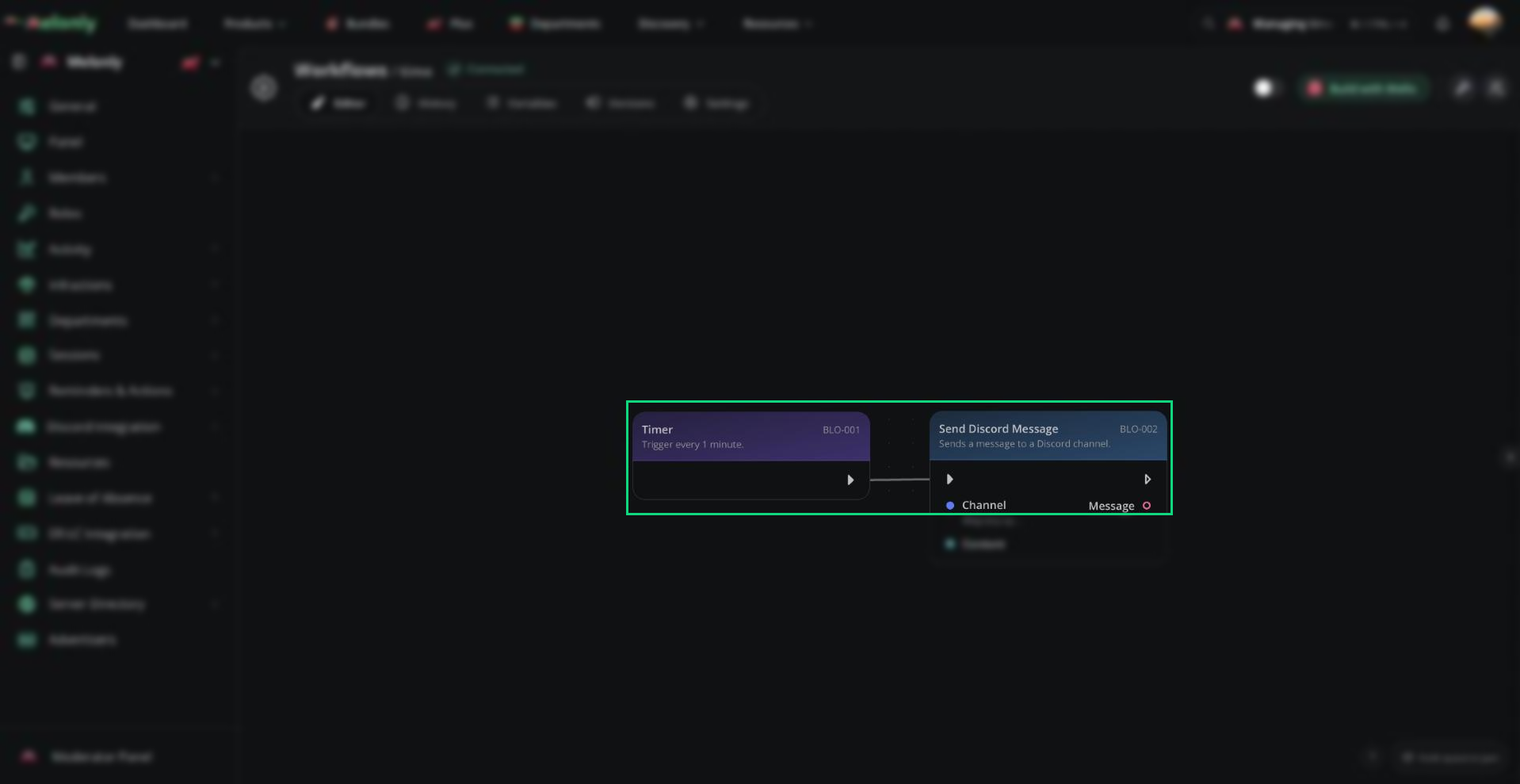A Timer trigger set to every 1 minute, connected to a Send Discord Message action