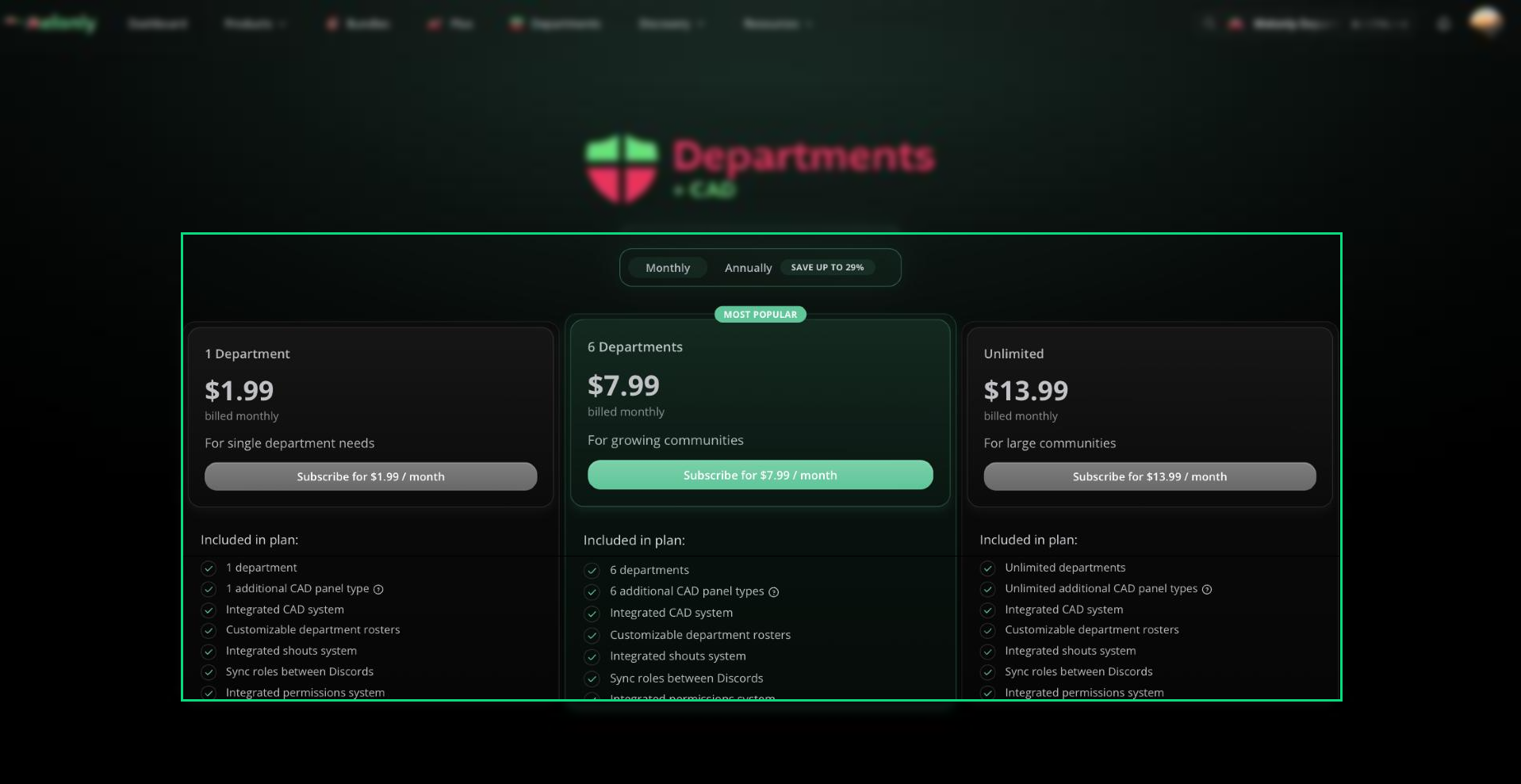The melonly.xyz/departments pricing with the 1 Department, 6 Departments and Unlimited plans and what each includes