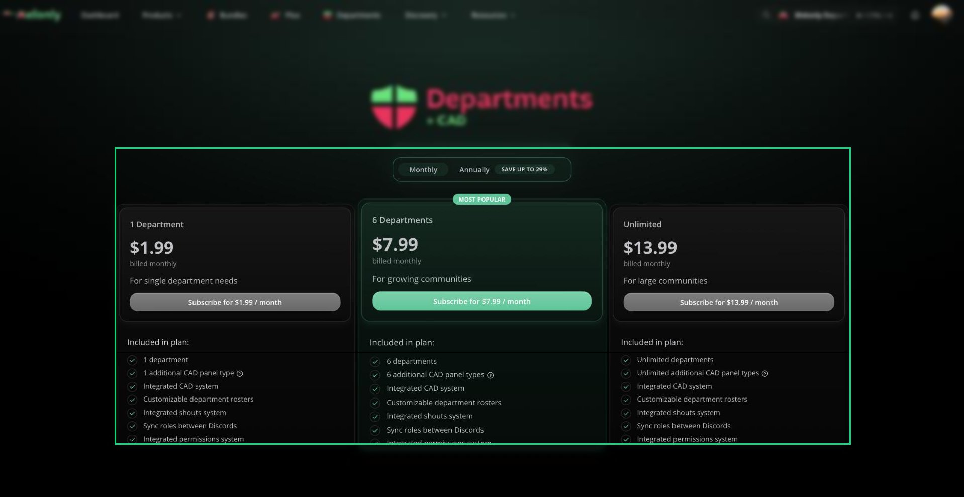 The melonly.xyz/departments pricing with the 1 Department, 6 Departments and Unlimited plans and what each includes