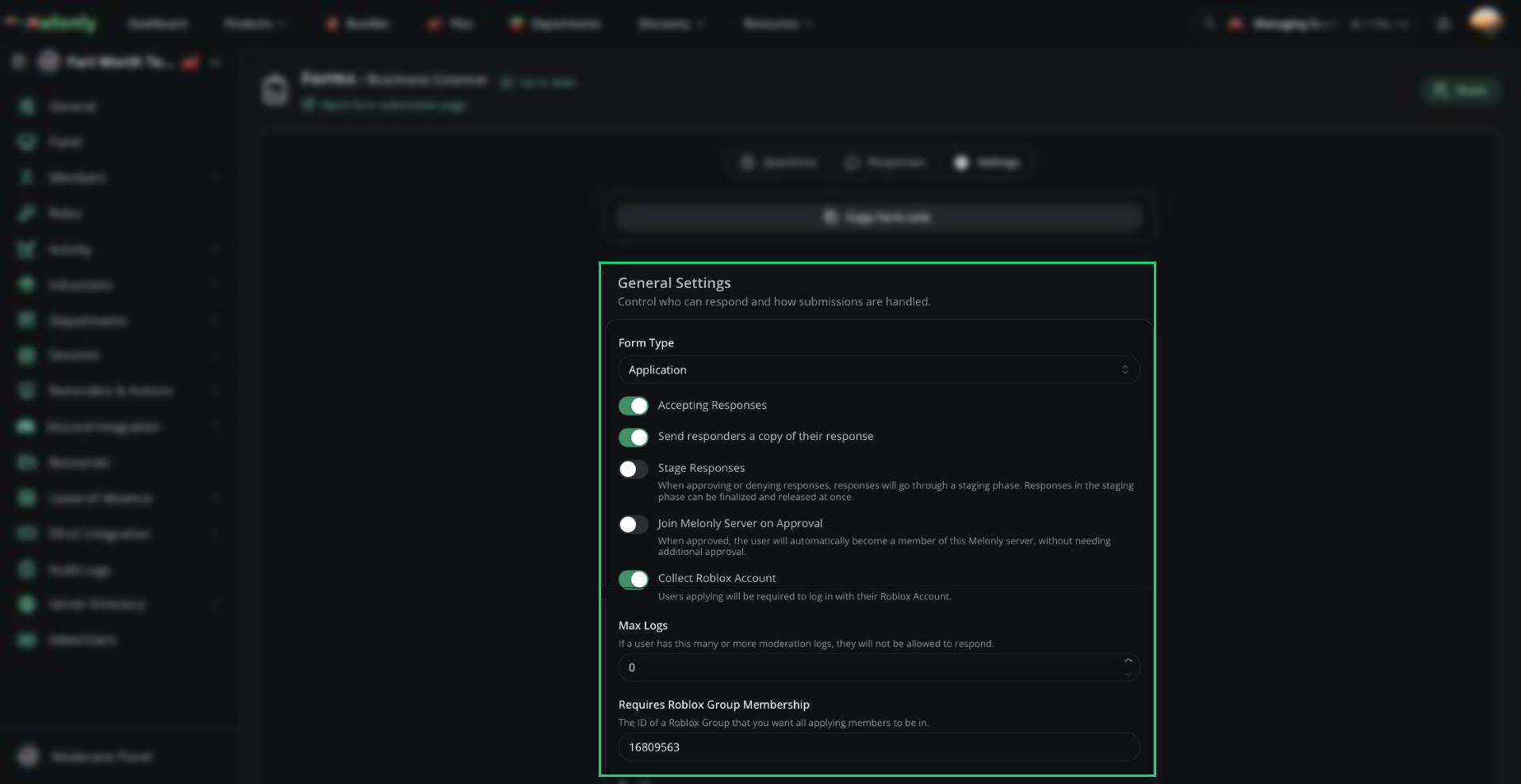 The General Settings card of an application form with Form Type, Accepting Responses, Max Logs, Roblox group and Cooldown