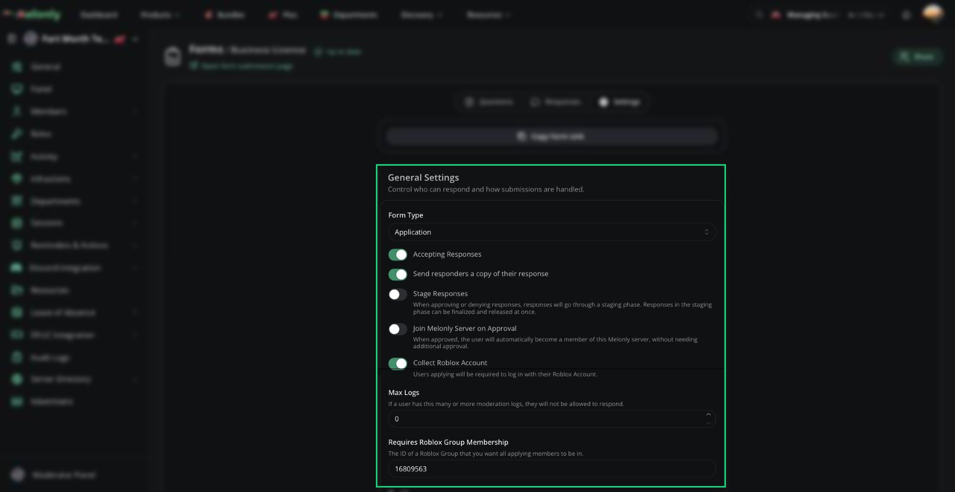 The General Settings card of an application form with Form Type, Accepting Responses, Max Logs, Roblox group and Cooldown