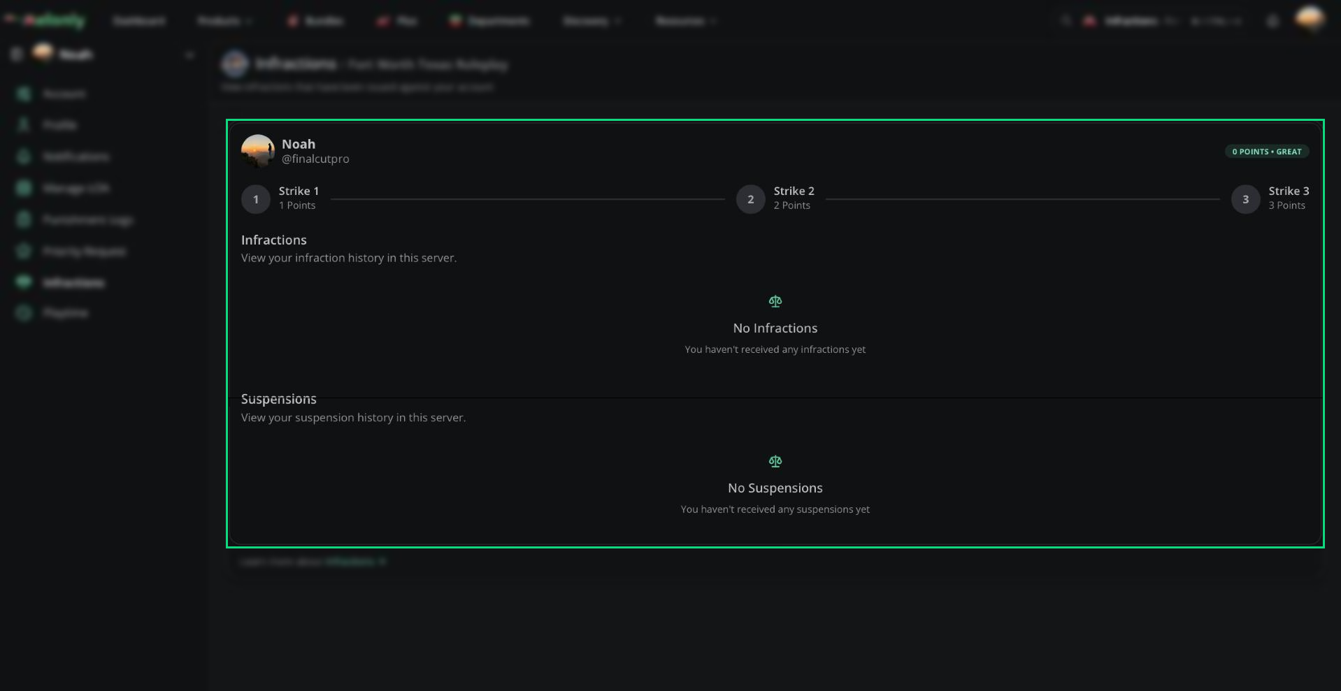 A server's infractions page with the points badge, the step progress bar and the Infractions and Suspensions tables